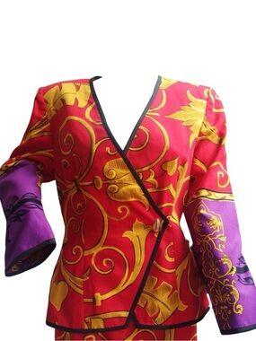 Vintage 80s 90s Baroque Print Constance Saunders Asymmetrical Blazer Skirt Set